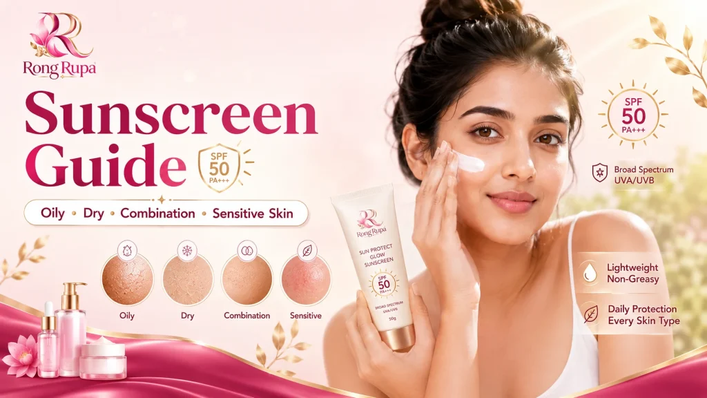 Sunscreen Guide: Oily, Dry, Combination ও Sensitive Skin অনুযায়ী সঠিক Sunscreen কীভাবে বেছে নেবেন? 1 03 Sunscreen Guide RongRupa